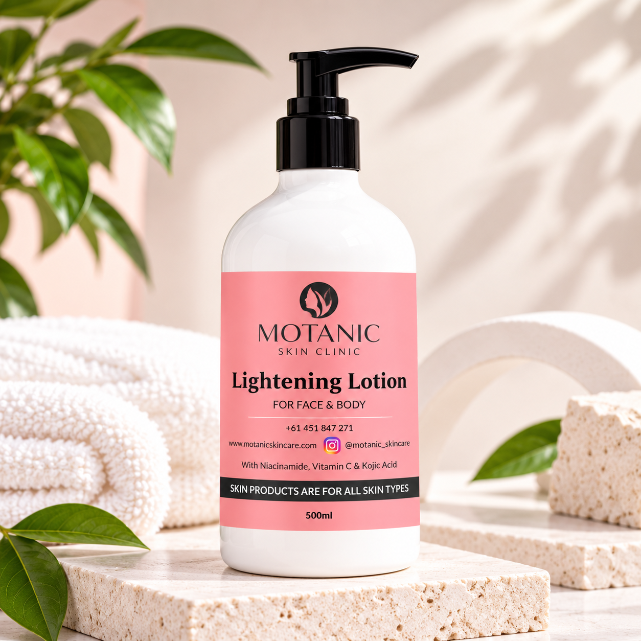 Advanced Brightening Body Lotion Motanic Lightening Lotion 500ml face and body lotion in pink bottle with black pump