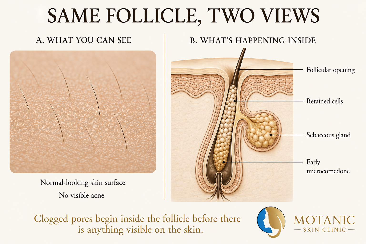 Illustration comparing what a clogged pore looks like on the surface versus what's happening inside the follicle.
