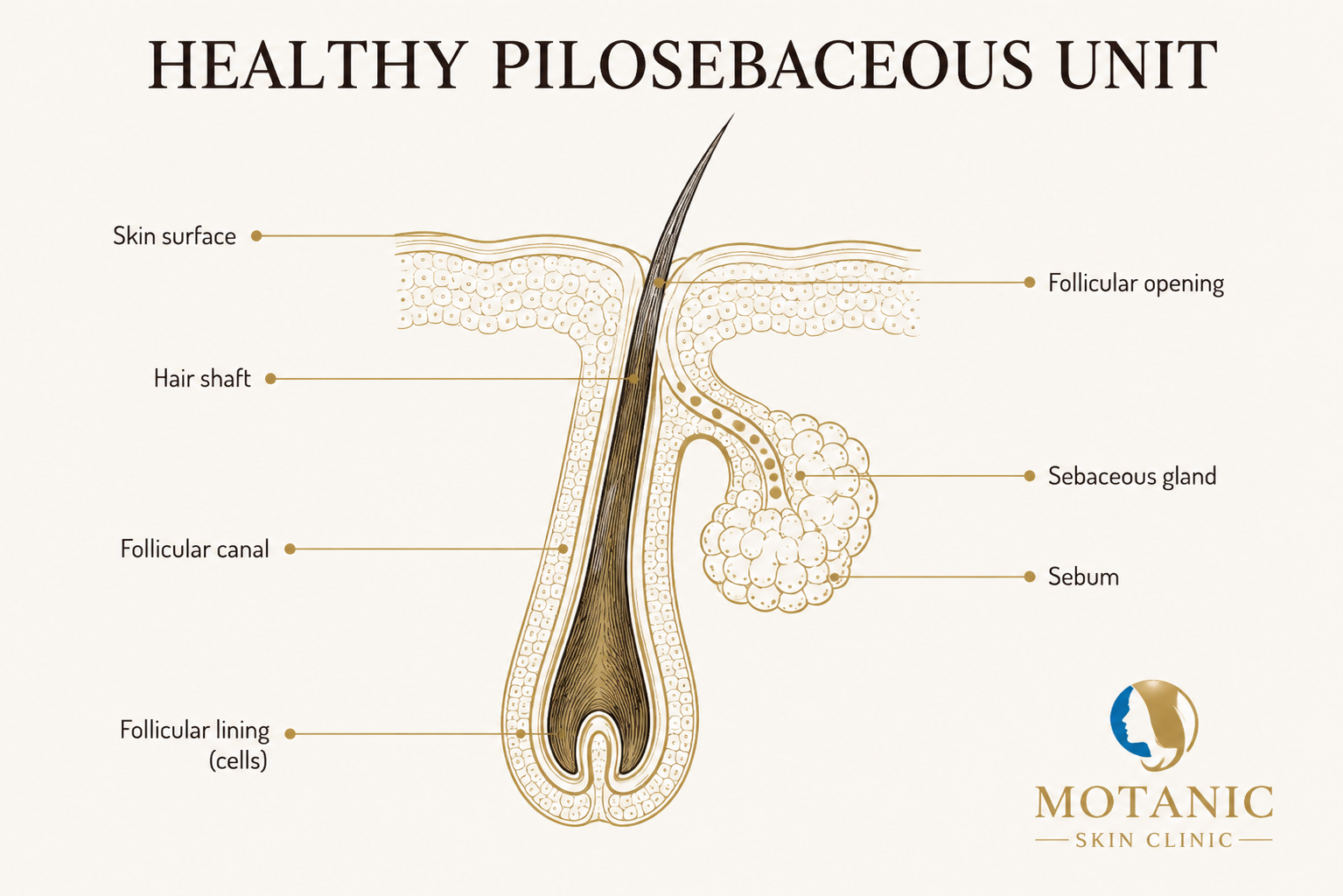 Labelled cross-section diagram of a healthy pilosebaceous unit, showing the hair follicle, sebaceous gland, and surrounding structures.