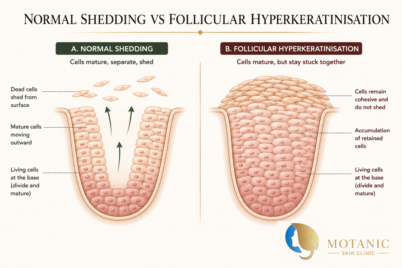 Diagram comparing normal keratinocyte shedding to follicular hyperkeratinisation, where cells become abnormally cohesive.