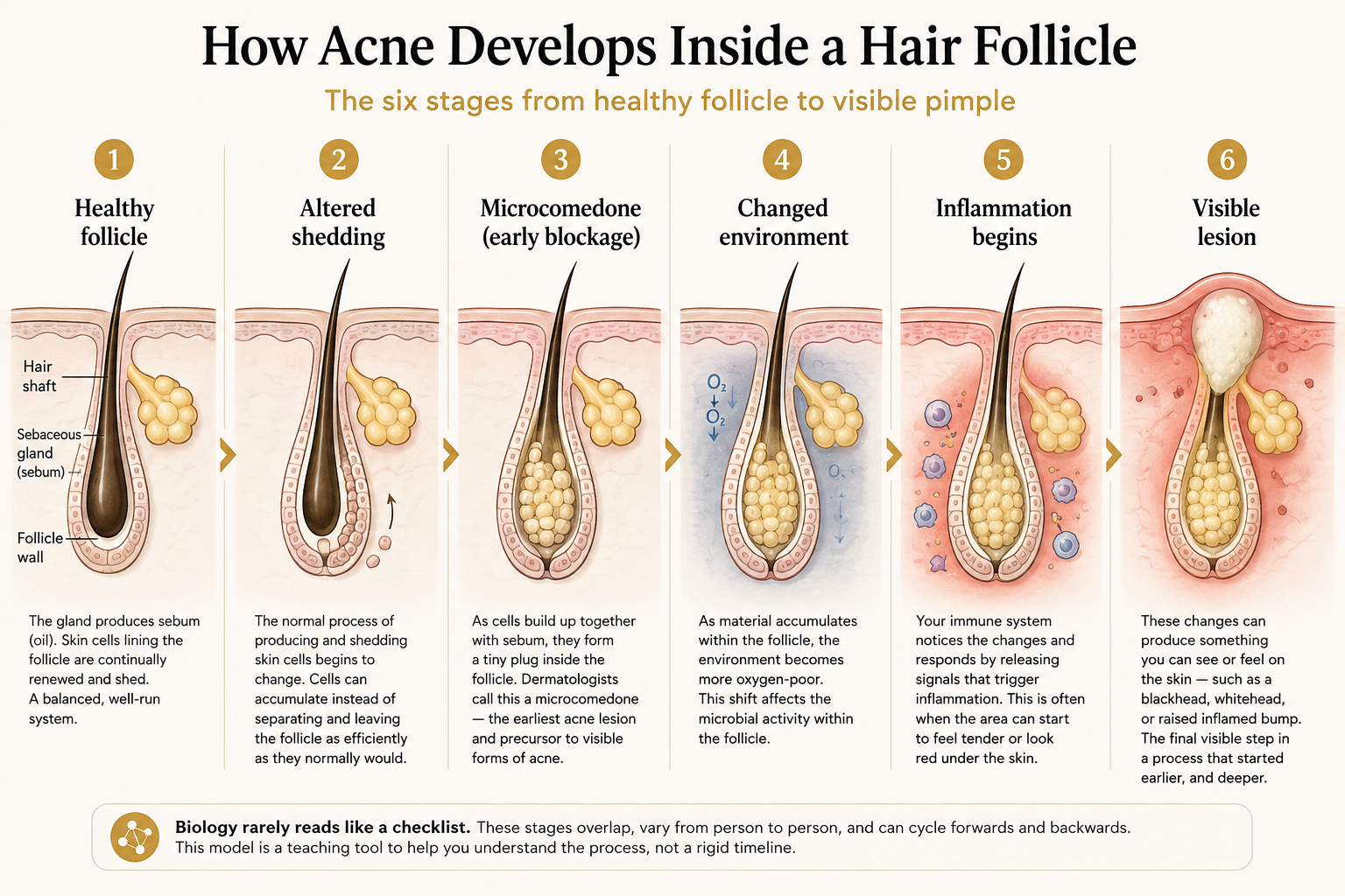 Diagram showing the six stages of how acne develops inside a hair follicle, from healthy follicle to visible pimple.