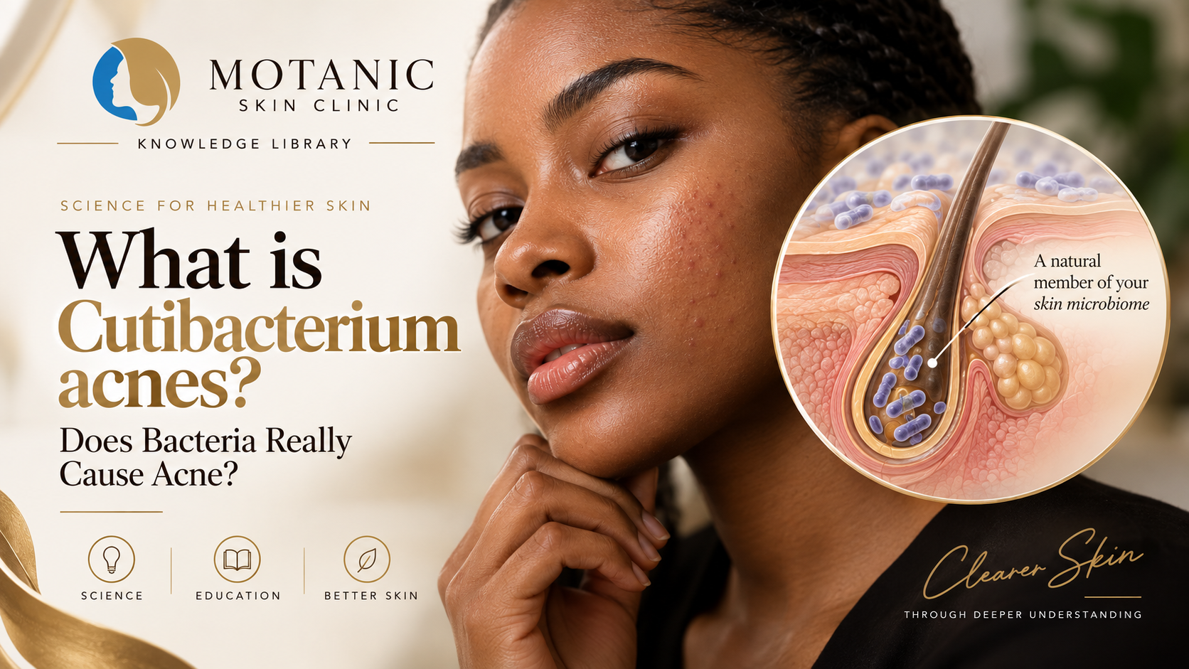Cutibacterium acnes educational graphic explaining the skin microbiome and follicle in acne-prone skin.