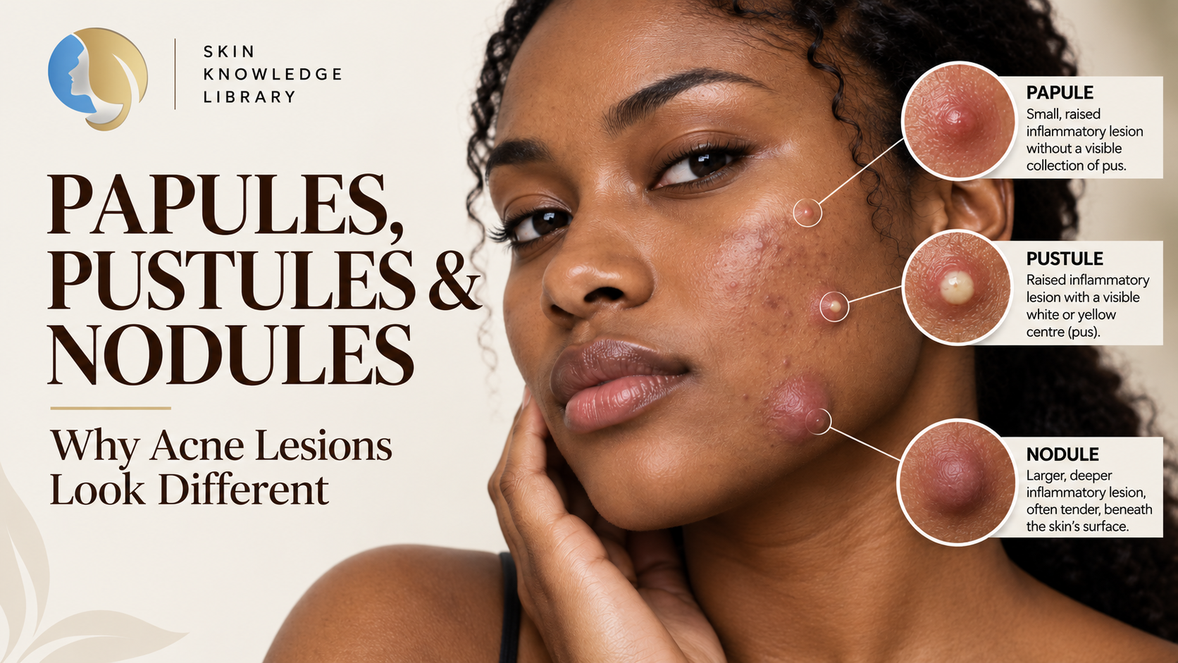 Papules, pustules and nodules shown as different inflammatory acne lesion types on melanin-rich skin.