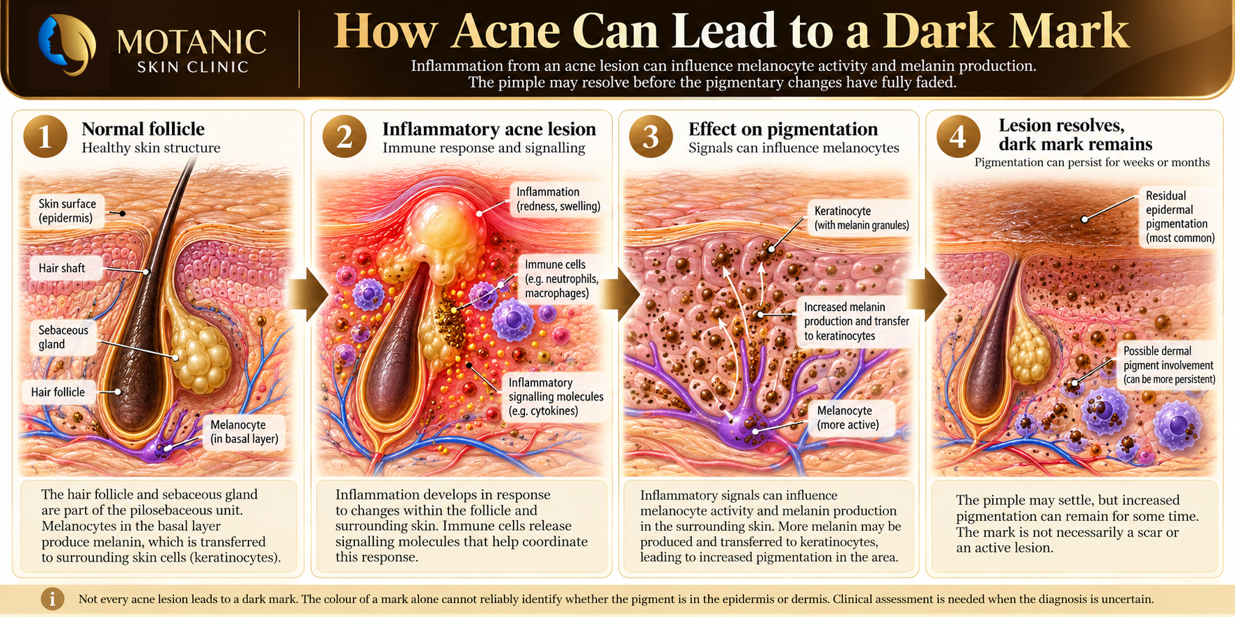 Why Does Acne Leave Dark Marks? Why does acne leave dark marks? Four-panel illustration showing acne inflammation, melanocyte response and residual pigmentation after healing.