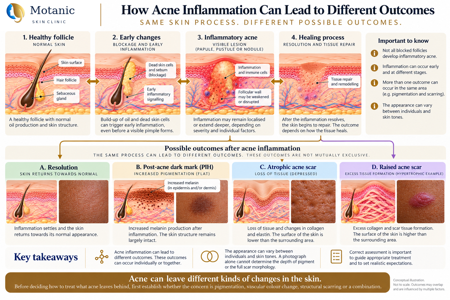 Medical illustration showing acne-related follicular changes, inflammation, tissue repair and possible outcomes including pigmentation, depressed scars and raised scars.
