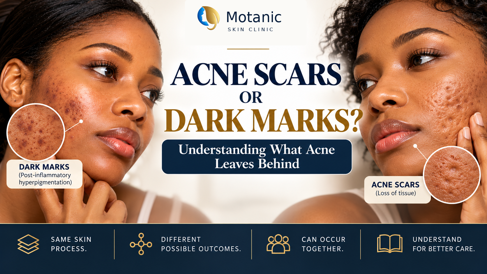 Two women with melanin-rich skin showing post-acne dark marks and depressed acne scars, illustrating the difference between hyperpigmentation and structural acne scarring.