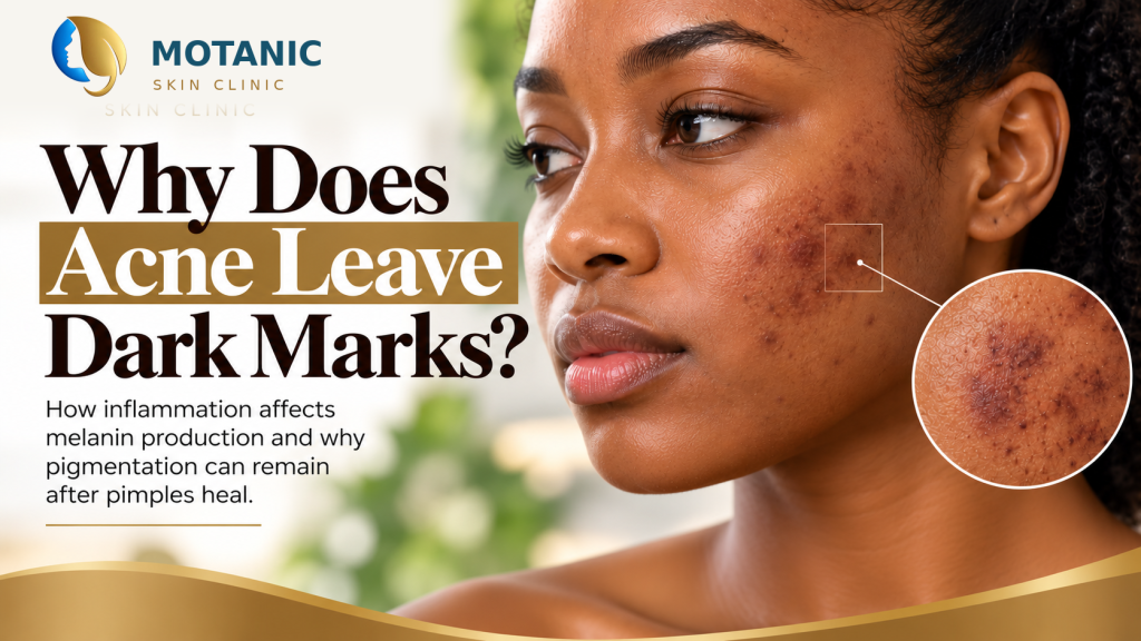Why Does Acne Leave Dark Marks? Woman with melanin-rich skin showing acne-related dark marks on her cheek, illustrating post-inflammatory hyperpigmentation.